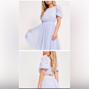 Casual Blue and White Off-Shoulder Puff Sleeve Midi Dress